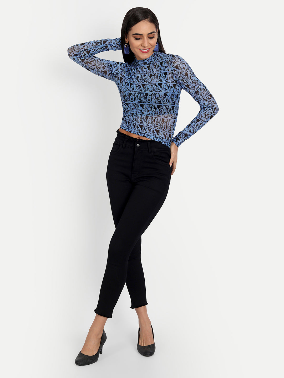 Essque  Blue Mickey Print Lycra Turtle Neck Full Sleeves Top - Essque Attire With Attitude