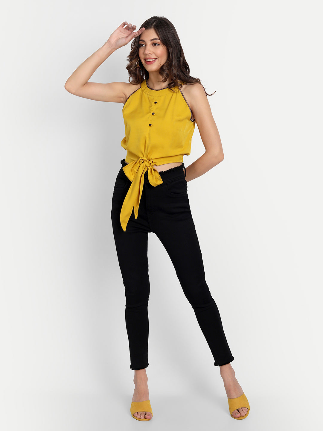 Essque Mustard Solid Hight Neck Waist Tieup Top - Essque Attire With Attitude