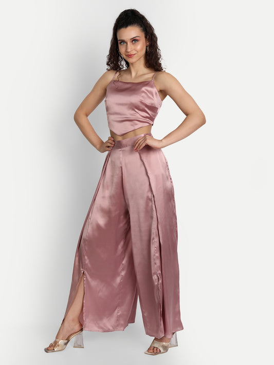 Essque Pink Solid Satin Stylish Co-Ords Set - Essque Attire With Attitude