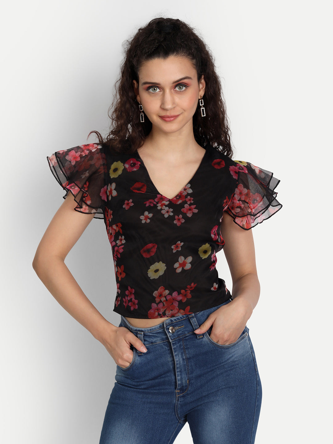 Essque Black Organza Printed Flared Sleeve Top - Essque Attire With Attitude