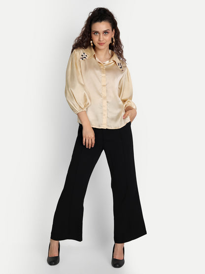 Essque Beige Satin Solid Collar Detailing Shirt - Essque Attire With Attitude