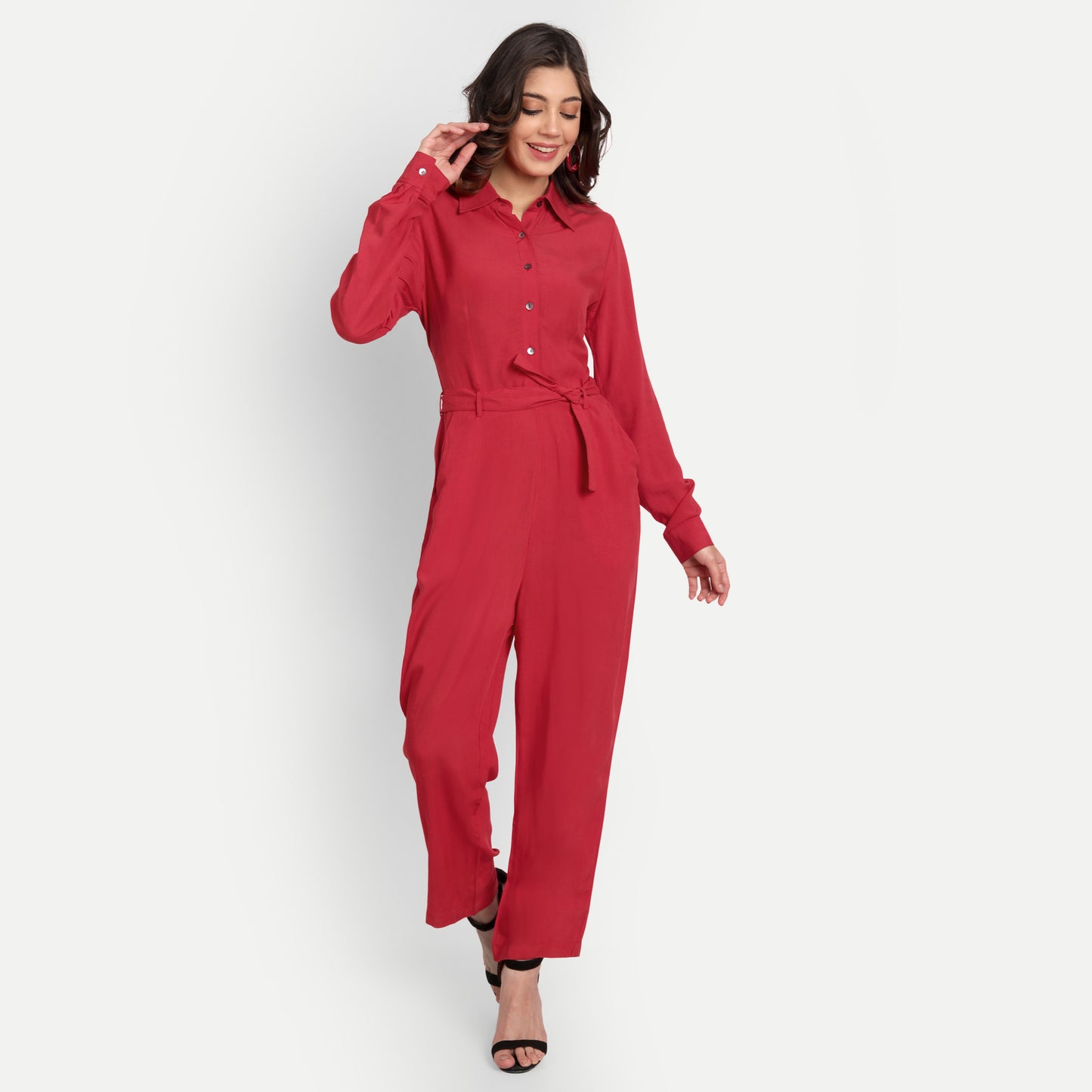 Essque Red Shirt Style Button Jumpsuit - Essque Attire With Attitude