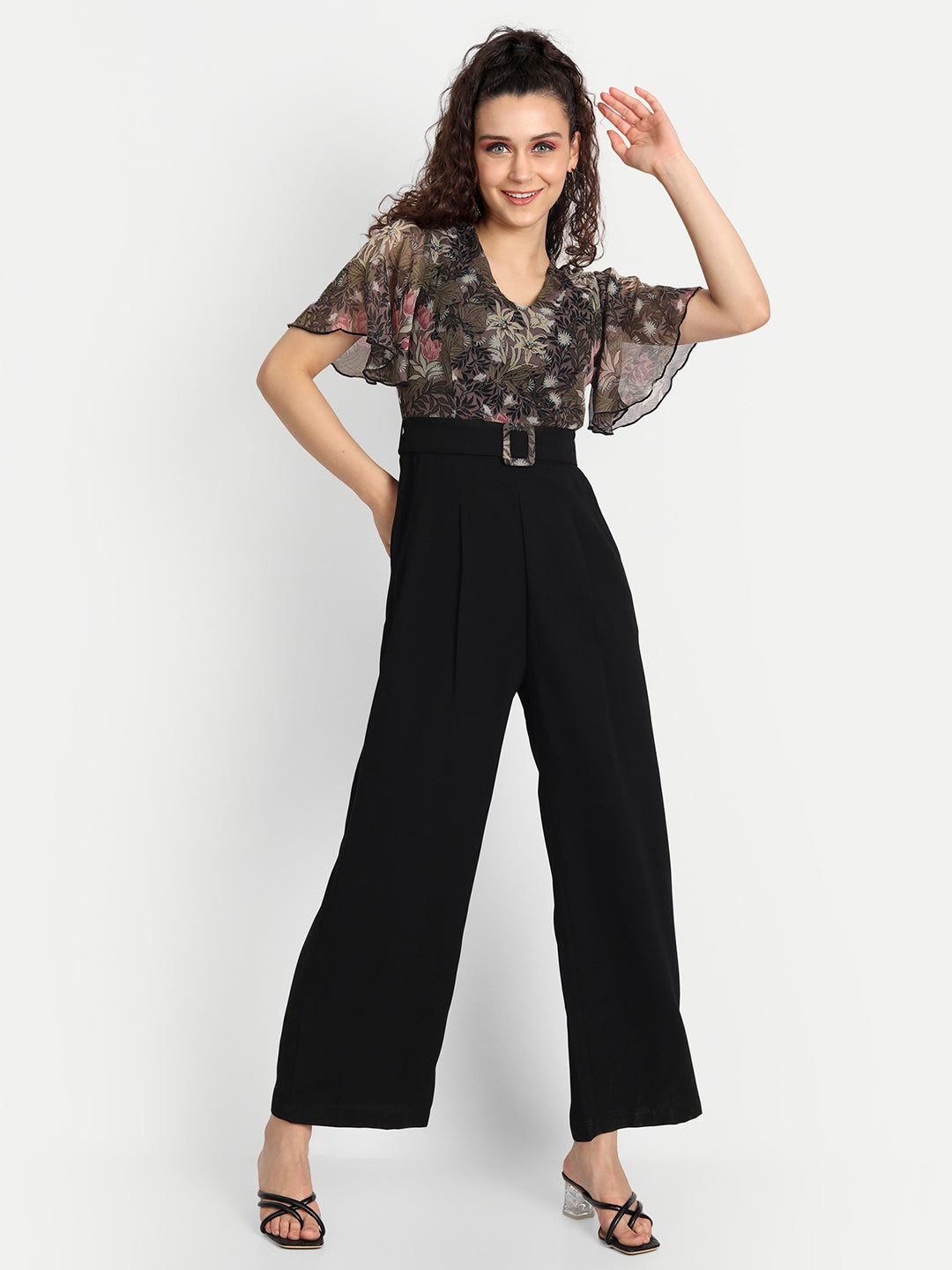 Essque Brown Floral Print Frill Sleeve Jumpsuit - Essque Attire With Attitude