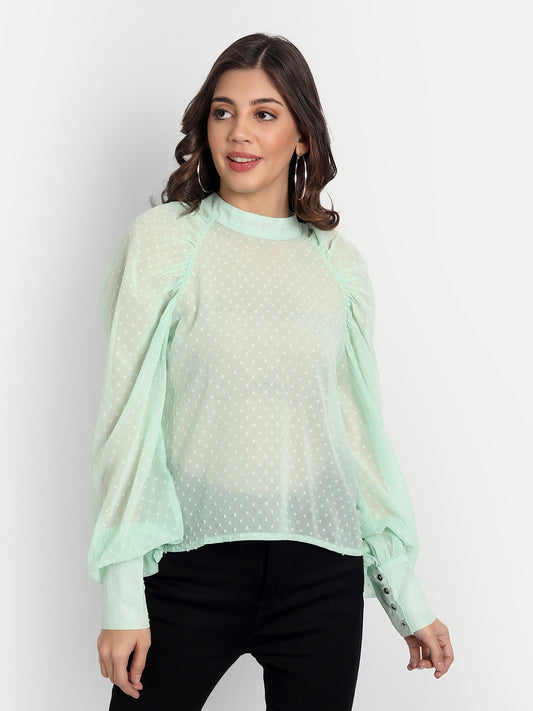 Essque Ocean Green Self Design Bishop Sleeves Top - Essque Attire With Attitude