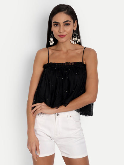 Essque Black Mesh Foil Print Gathered Top - Essque Attire With Attitude