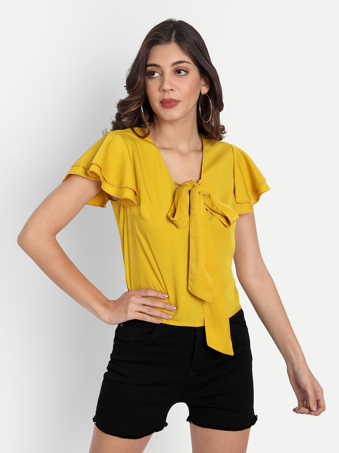 Essque Mustard Neck Tie-up flared sleeve Top - Essque Attire With Attitude