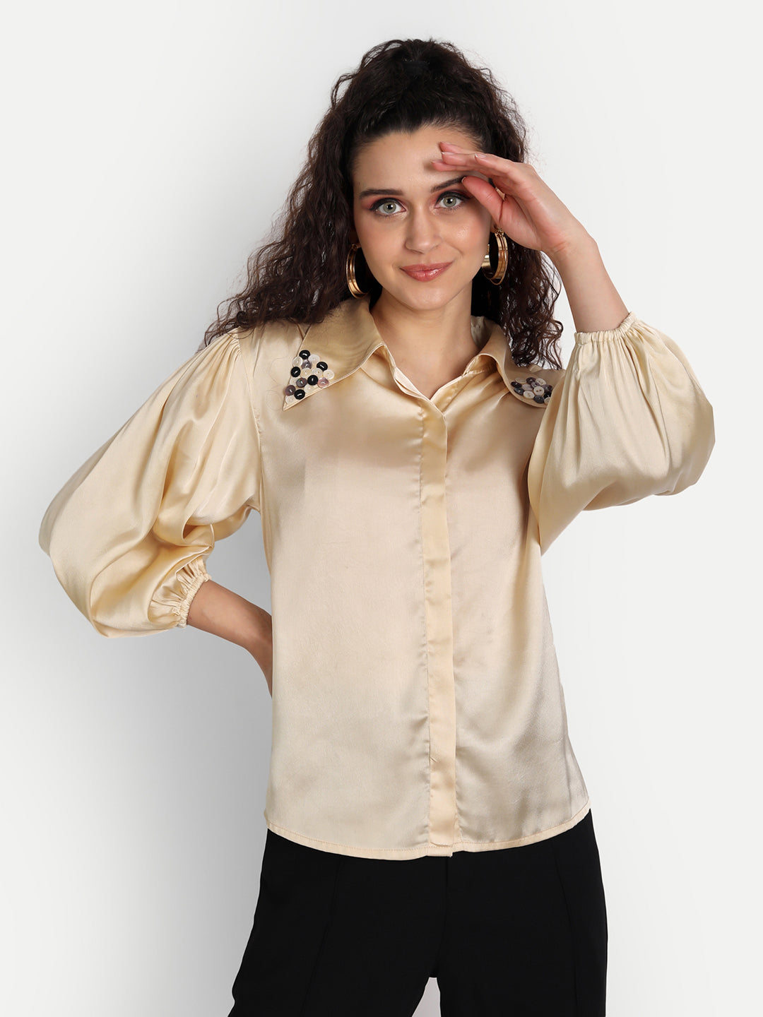 Essque Beige Satin Solid Collar Detailing Shirt - Essque Attire With Attitude