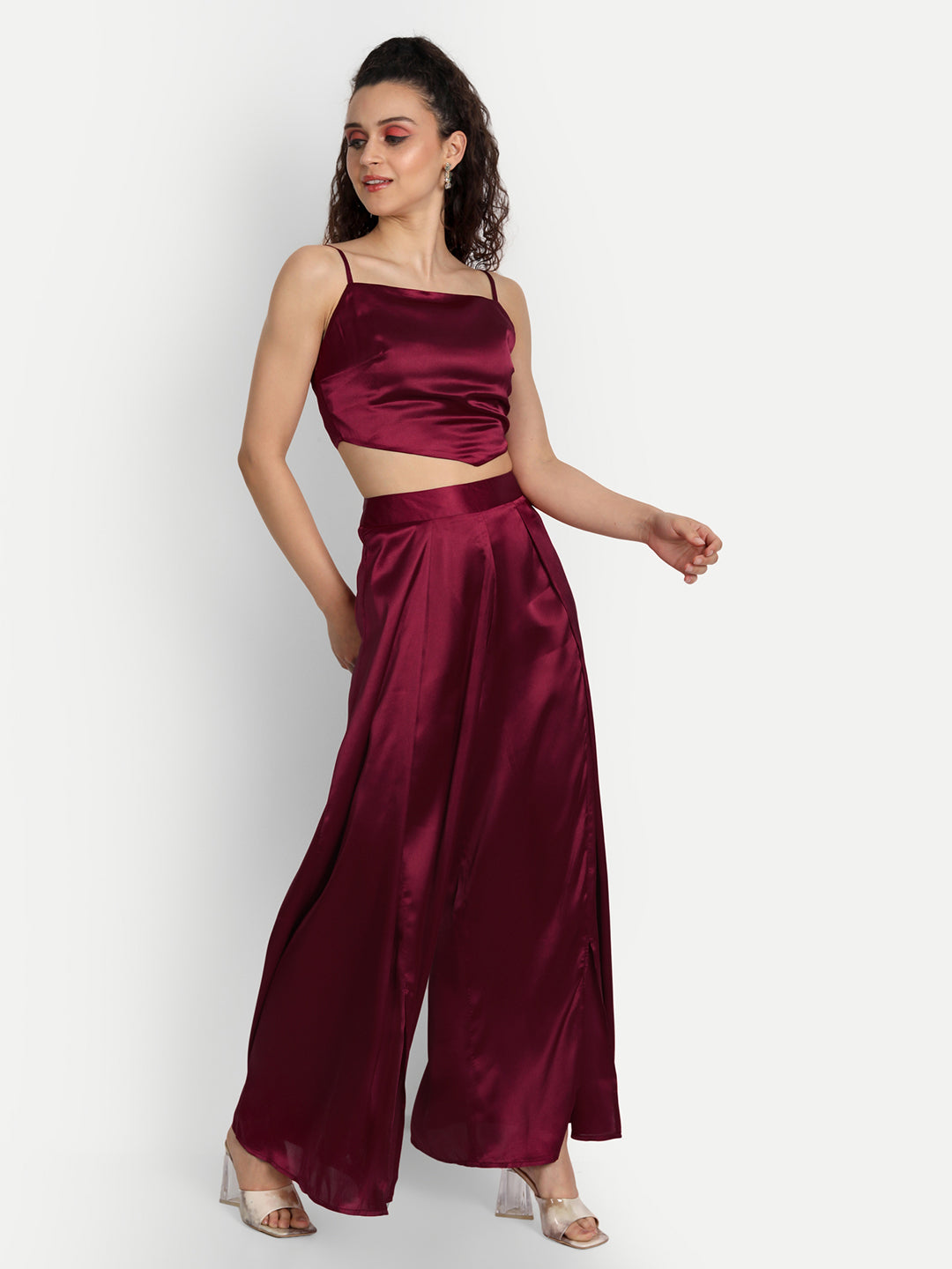 Essque Maroon Solid Satin Stylish Co-Ord Set - Essque Attire With Attitude