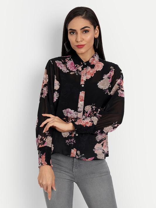 Essque Black Floral Print Consie Bishop Sleeves Shirt - Essque Attire With Attitude