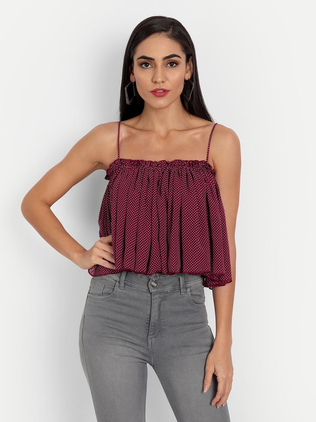 Essque Maroon Polka Dots Gathered Top - Essque Attire With Attitude