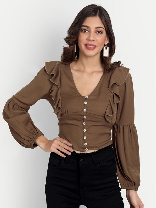 Essque Brown Front Button V-Neck Ruffle Top - Essque Attire With Attitude