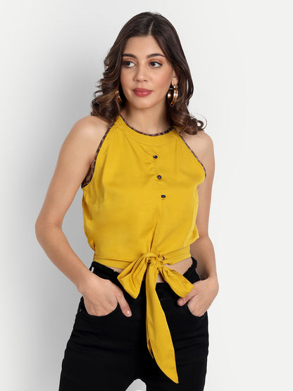 Essque Mustard Solid Hight Neck Waist Tieup Top - Essque Attire With Attitude