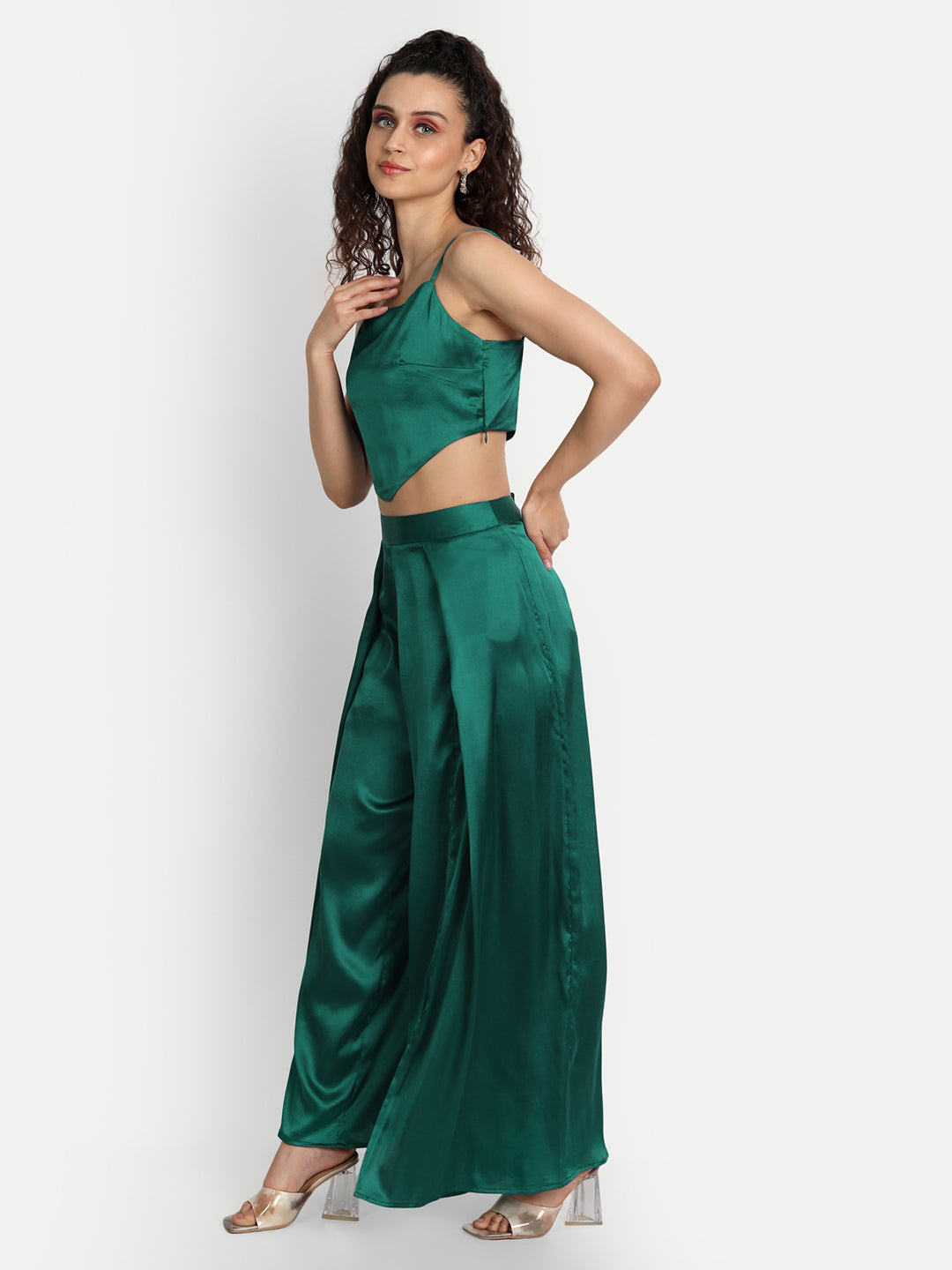 Essque Green Solid Satin Stylish Co-Ord Set - Essque Attire With Attitude