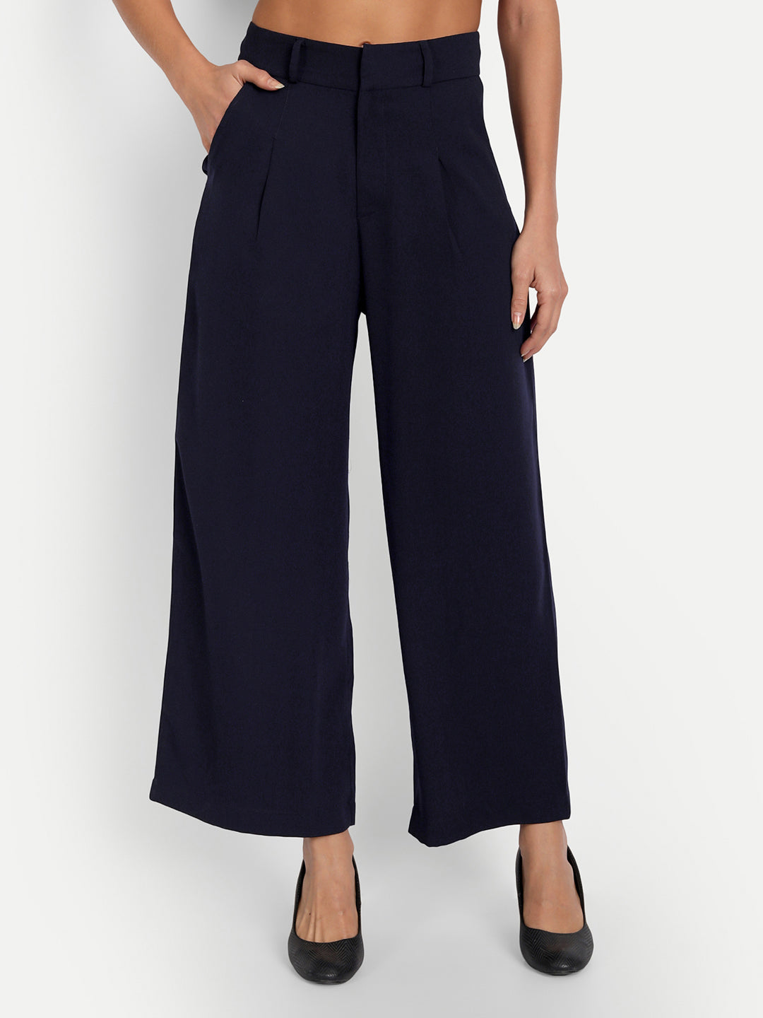 Essque Navy Blue Front Pleat Wide Leg Trousers - Essque Attire With Attitude