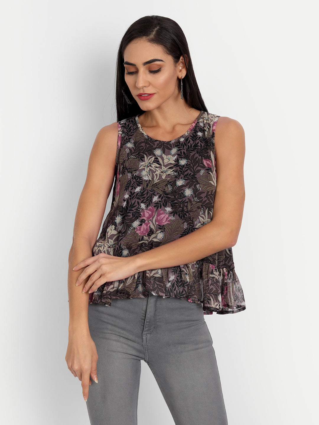 Essque Brown Multi Floral Print Sleeveless Ruffle Top - Essque Attire With Attitude