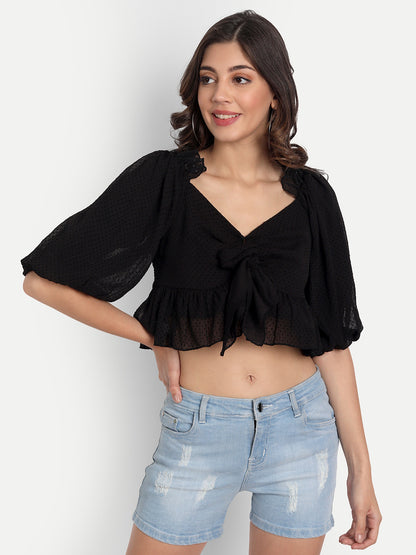 Essque Black Velvet Self Design Sweetheart Neck Empire Front Knot  Top - Essque Attire With Attitude