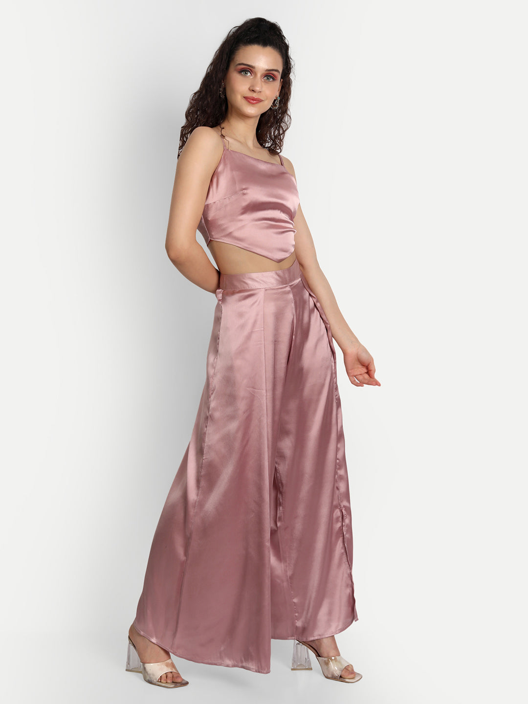 Essque Pink Solid Satin Stylish Co-Ords Set - Essque Attire With Attitude