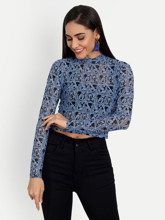 Essque  Blue Mickey Print Lycra Turtle Neck Full Sleeves Top - Essque Attire With Attitude