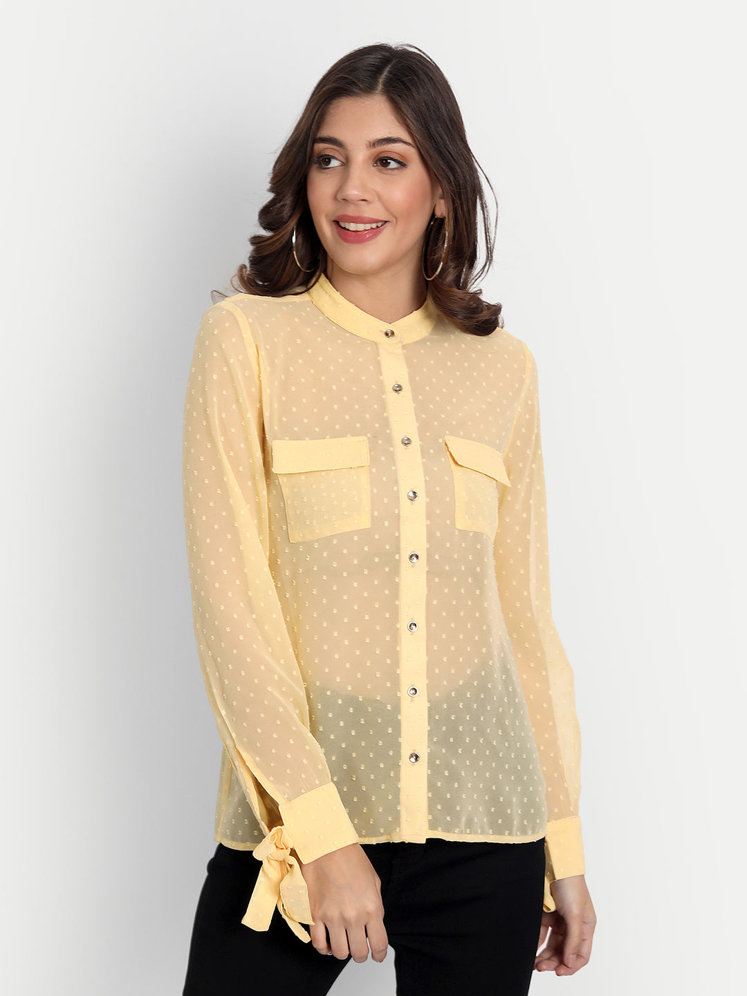 Essque Yellow Swiss Dot Mandarin Collar Shirt - Essque Attire With Attitude