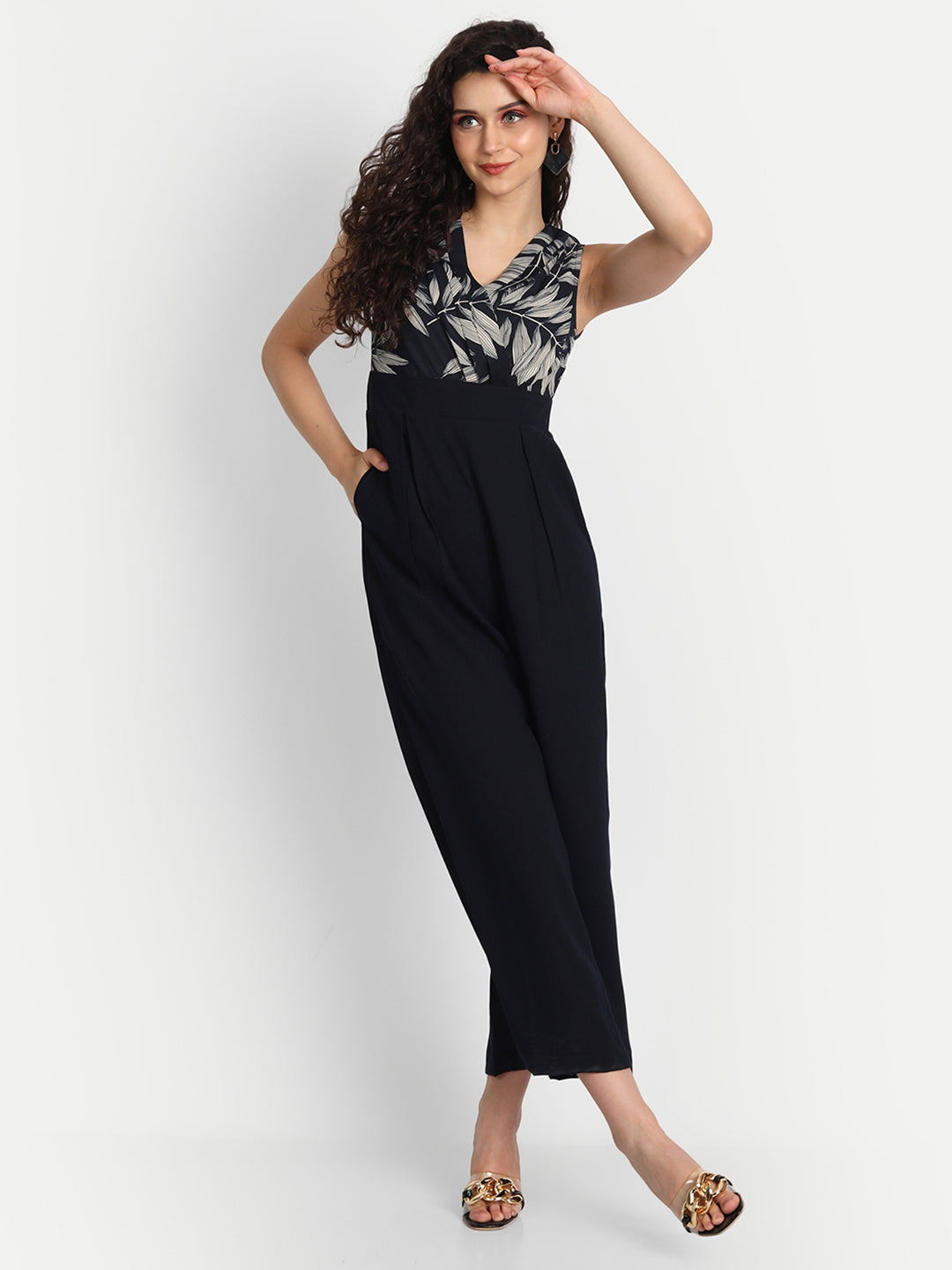 Essque Blue Leaf Printed Front Detailed Jumpsuit - Essque Attire With Attitude