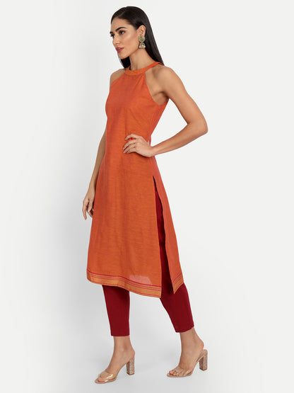 Essque Orange Cotton Halter Neck Back Opening Kurta - Essque Attire With Attitude