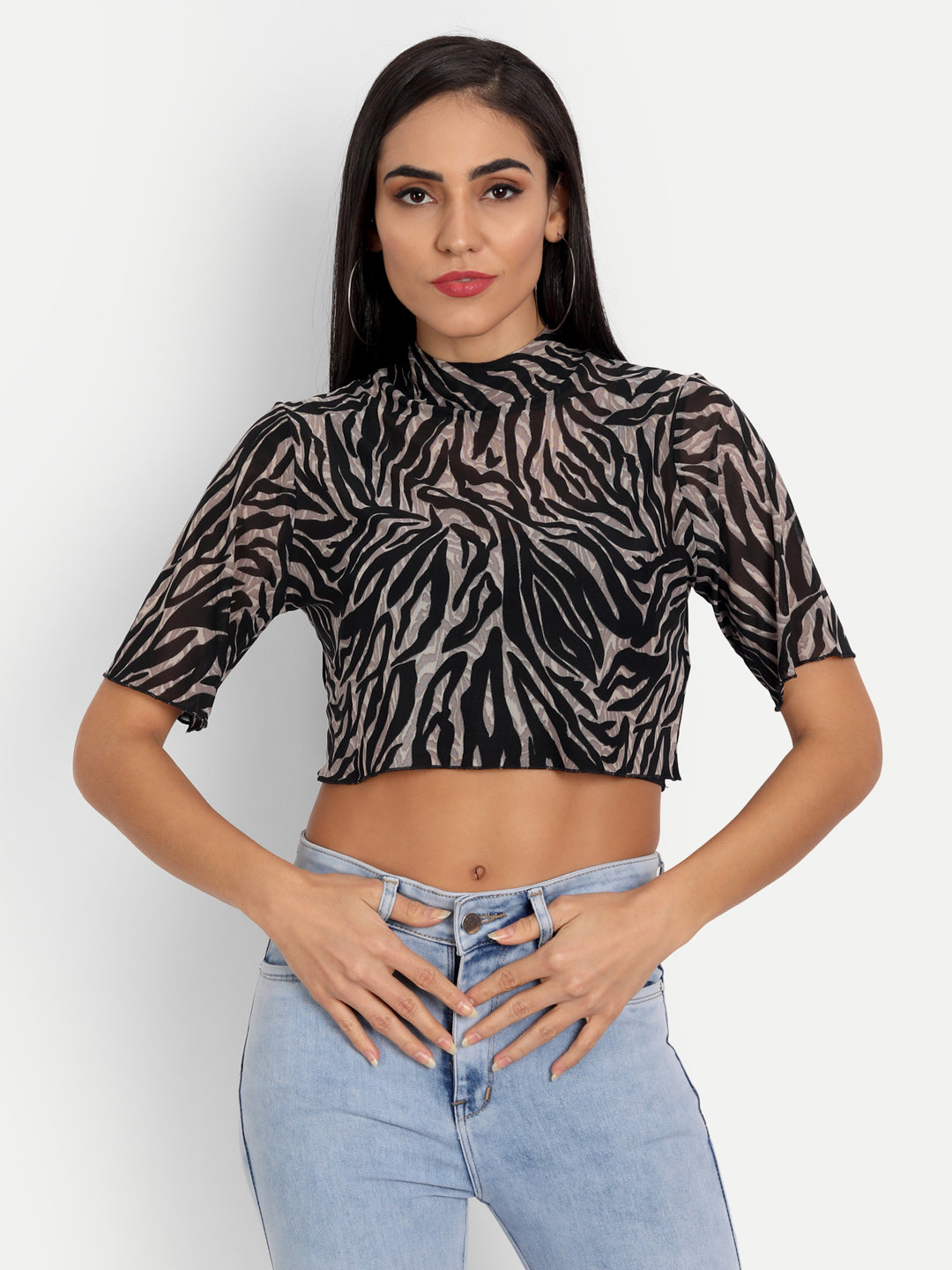 Essque Women Brown Black Printed mesh Short sleeve Top - Essque Attire With Attitude