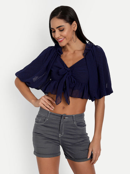 Essque Blue Self Design Sweetheart Neck Empire Front Knot  Top - Essque Attire With Attitude