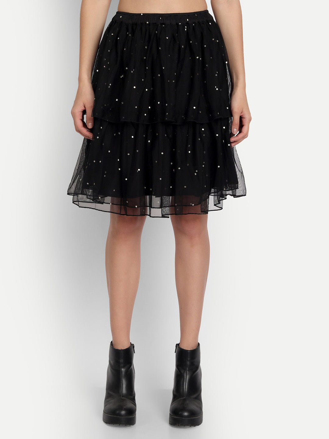 Essque Black Mesh Foil Print Tiers Skirt - Essque Attire With Attitude