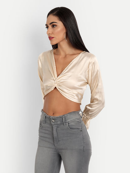 Essque Women Beige Satin Solid Front Twist Top - Essque Attire With Attitude