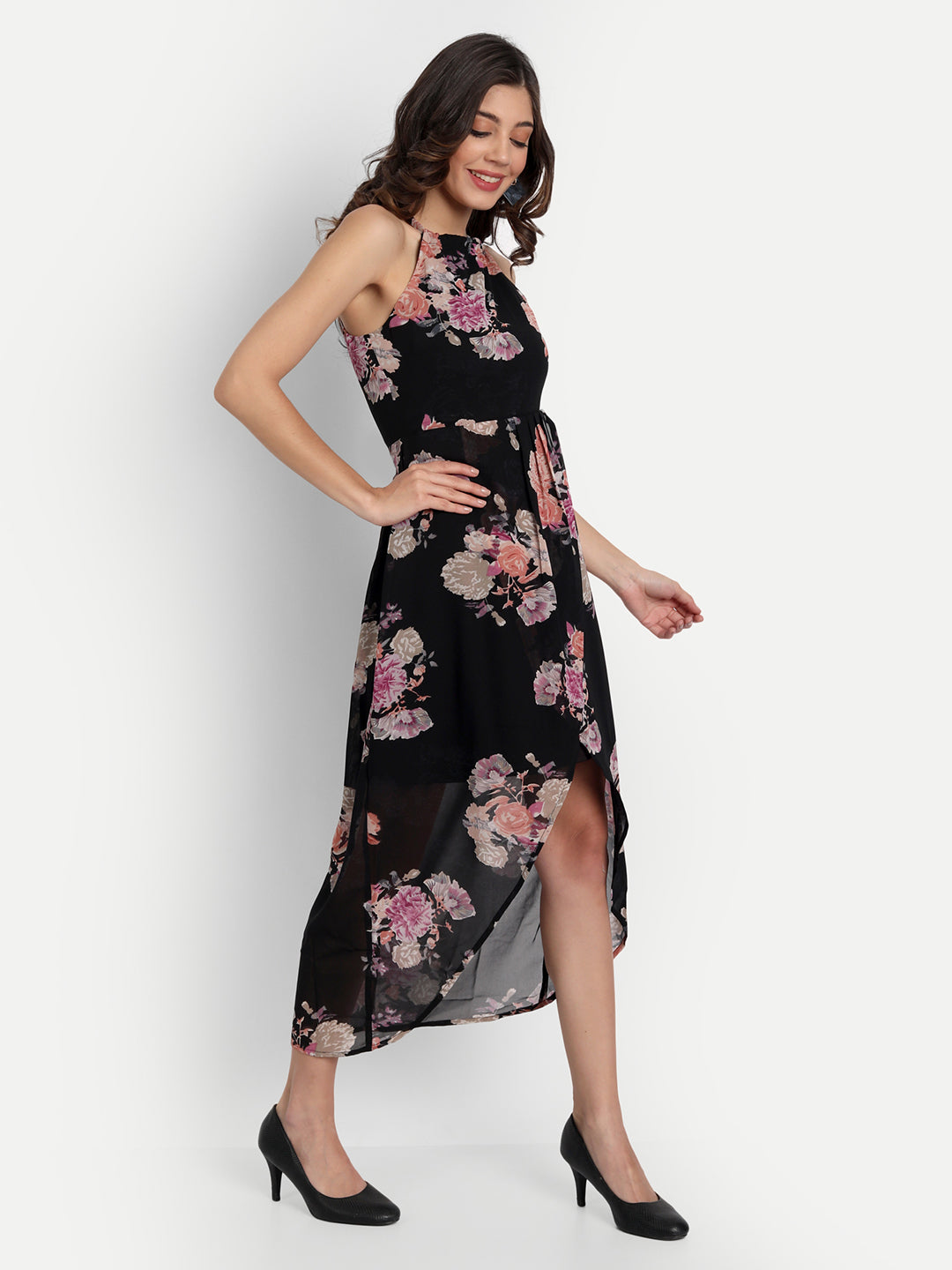 Essque Black Floral Printed Back Tie-Up Dress - Essque Attire With Attitude