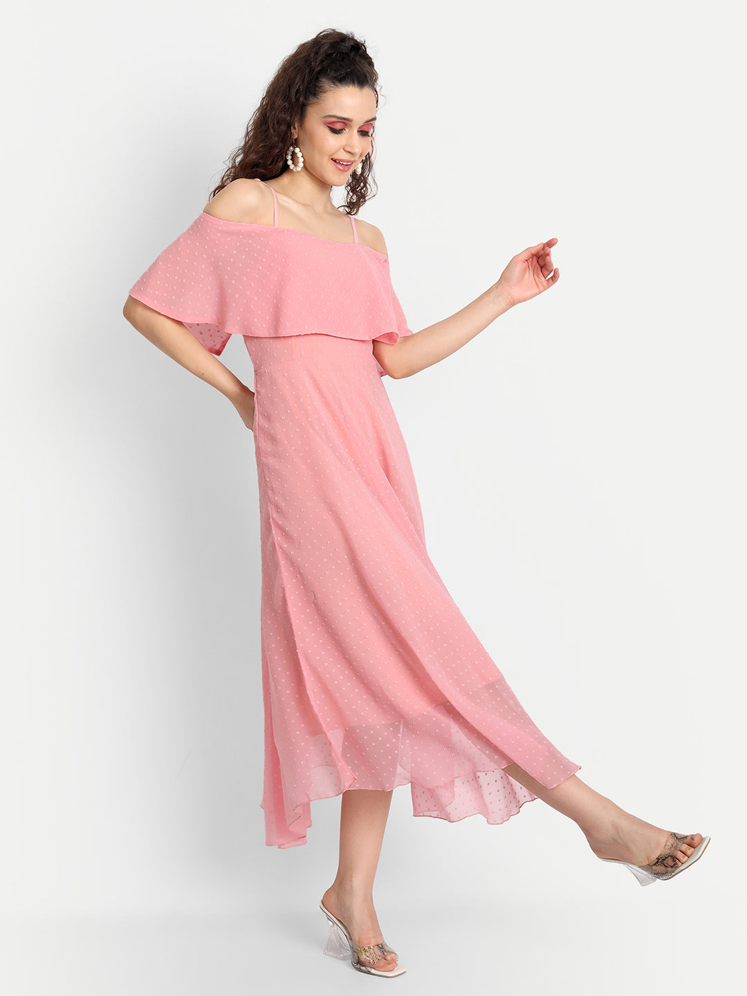 Essque Women Pink Swiss Dot Cape Style Dress - Essque Attire With Attitude