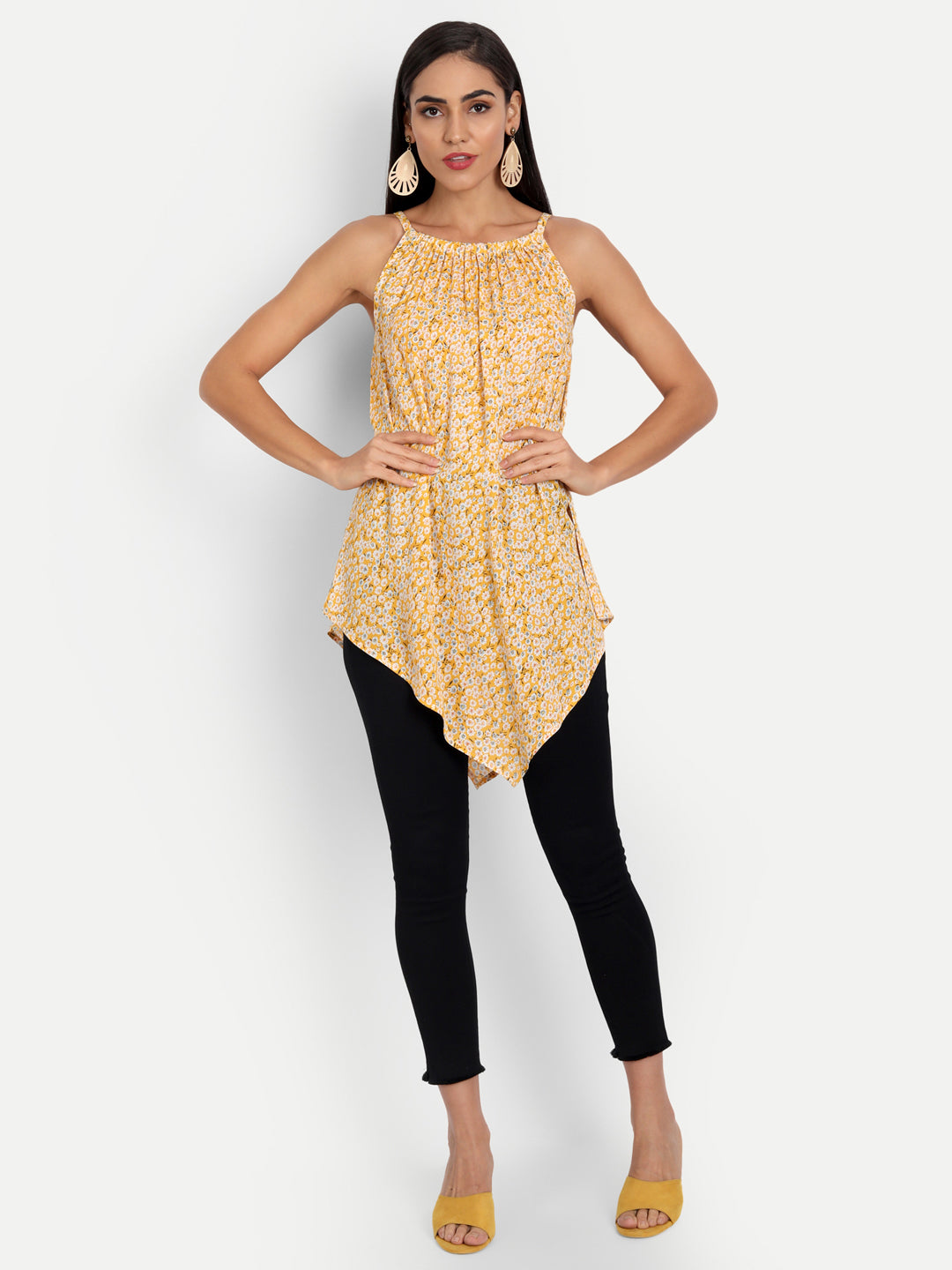 Essque Yellow Printed Halter Neck Asymmetric Top - Essque Attire With Attitude