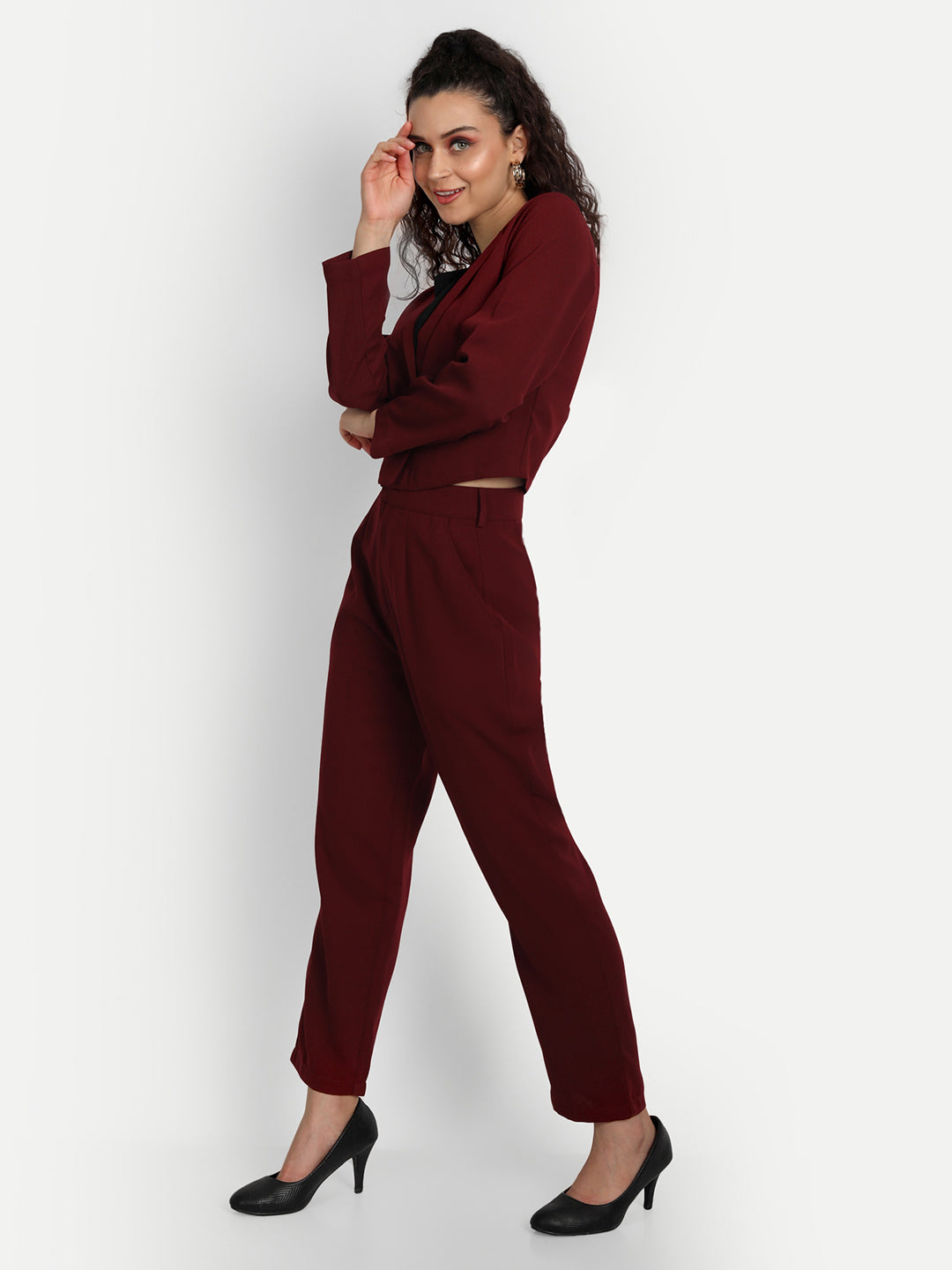 Essque Maroon Solid Jacket Co-Ords Set - Essque Attire With Attitude