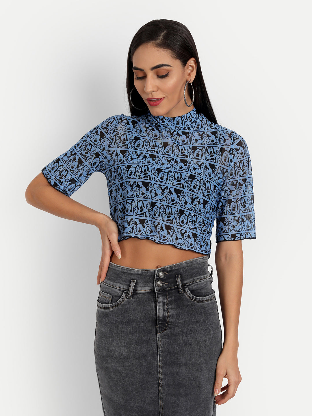 Essque Women Blue Mickey Printed mesh Short sleeve Top - Essque Attire With Attitude