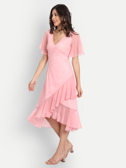 Essque Pink Swiss Dot Ruffle Midi Dress - Essque Attire With Attitude