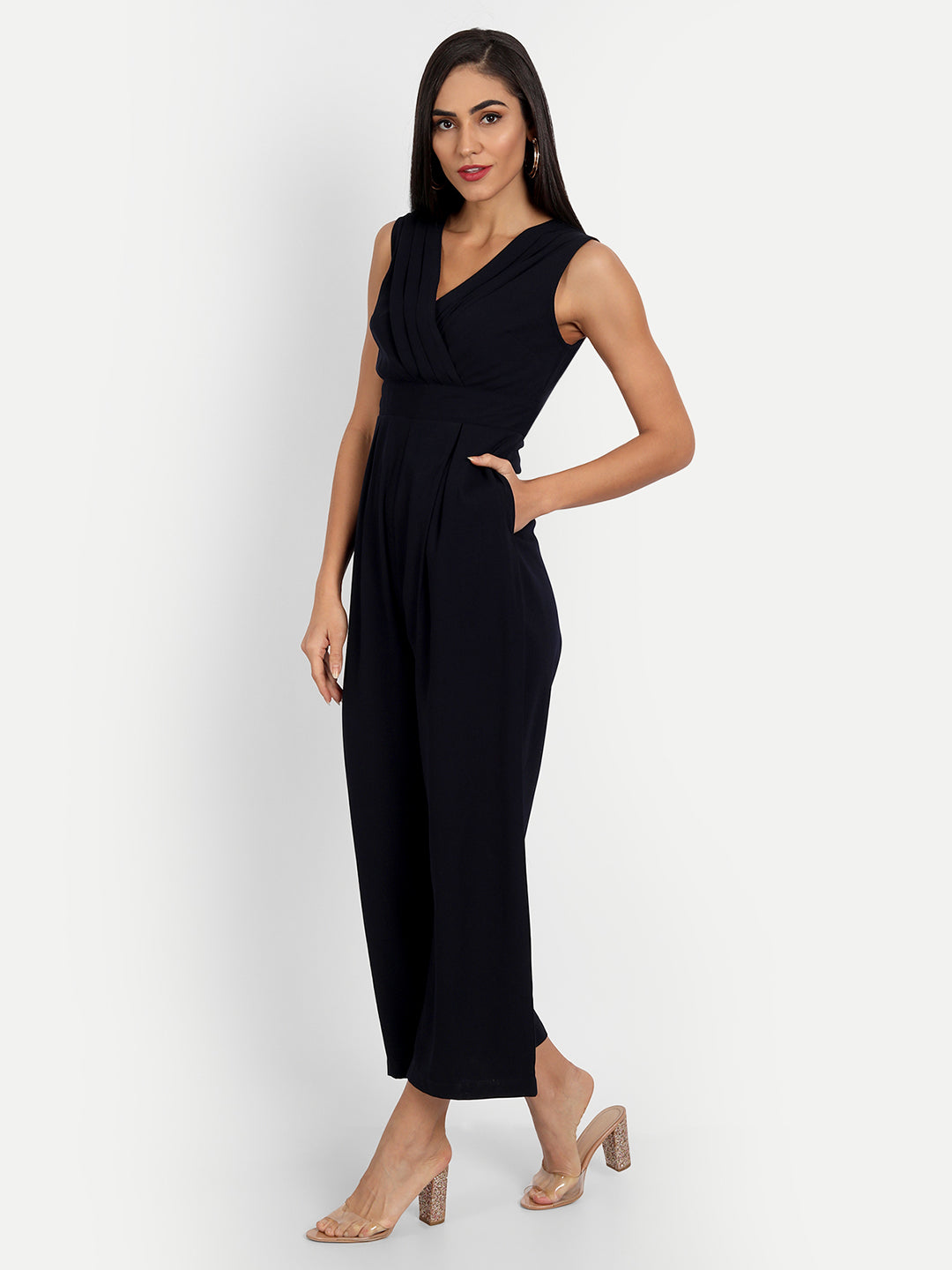 Essque Navy Blue Solid Front Detailed Jumpsuit - Essque Attire With Attitude