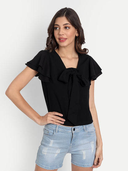 Essque Black Neck Tie-up flared sleeve Top - Essque Attire With Attitude