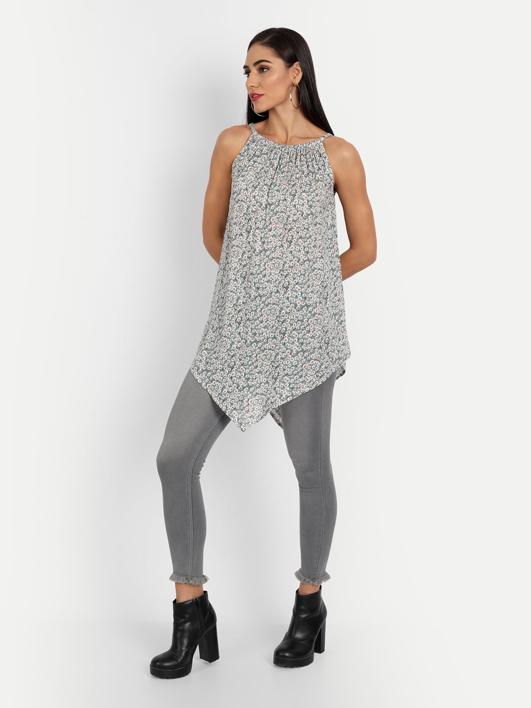 Essque Teal Printed Halter Neck Asymmetric Top - Essque Attire With Attitude