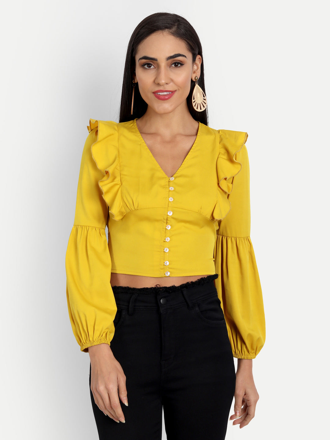 Essque Mustard Front Button V-Neck Ruffle Top - Essque Attire With Attitude