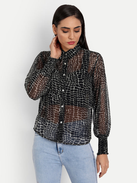 Essque Black White Print Consie Bishop Sleeves Shirt - Essque Attire With Attitude