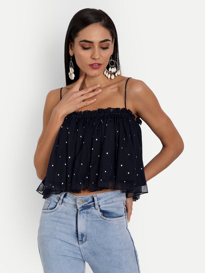 Essque Blue Mesh Foil Print Gathered Top - Essque Attire With Attitude