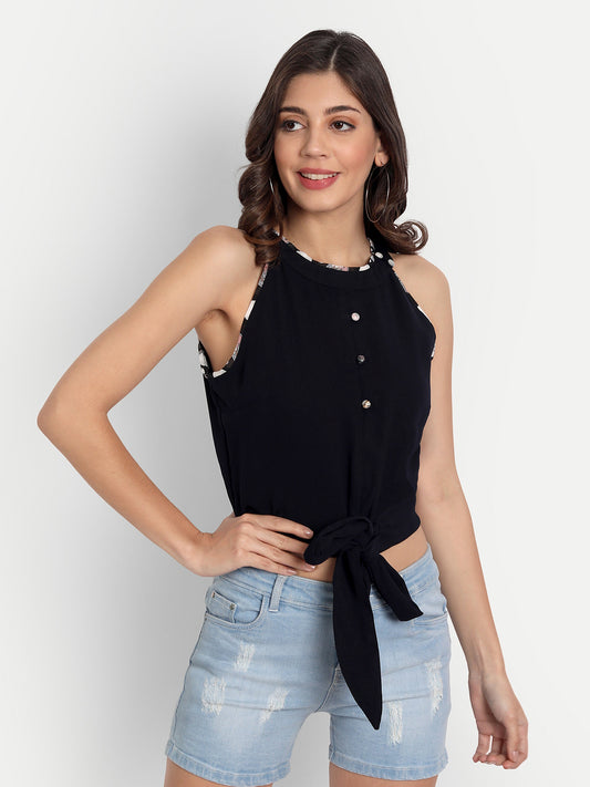 Essque Navy Blue Solid Hight Neck Waist Tieup Top - Essque Attire With Attitude