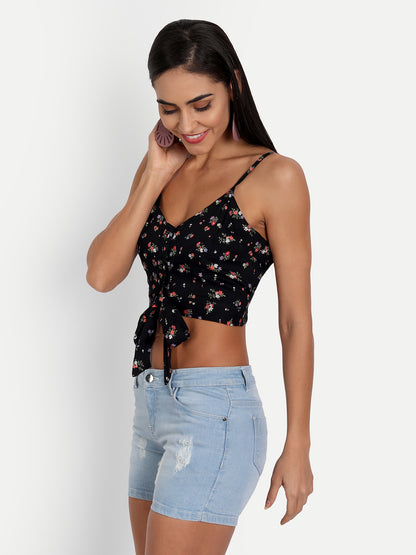 Essque Black Floral Print Front Button Crop Top - Essque Attire With Attitude