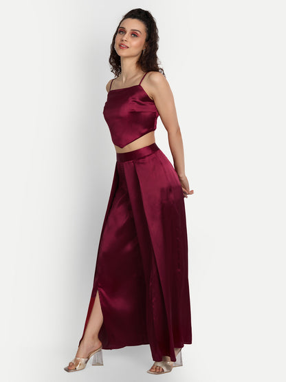 Essque Maroon Solid Satin Stylish Co-Ord Set - Essque Attire With Attitude