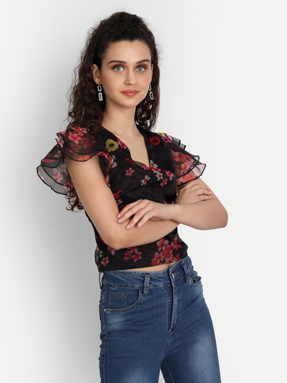 Essque Black Organza Printed Flared Sleeve Top - Essque Attire With Attitude