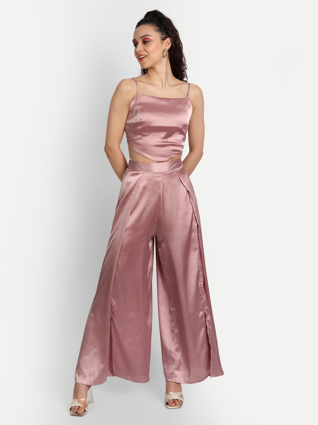 Essque Pink Solid Satin Stylish Co-Ords Set - Essque Attire With Attitude