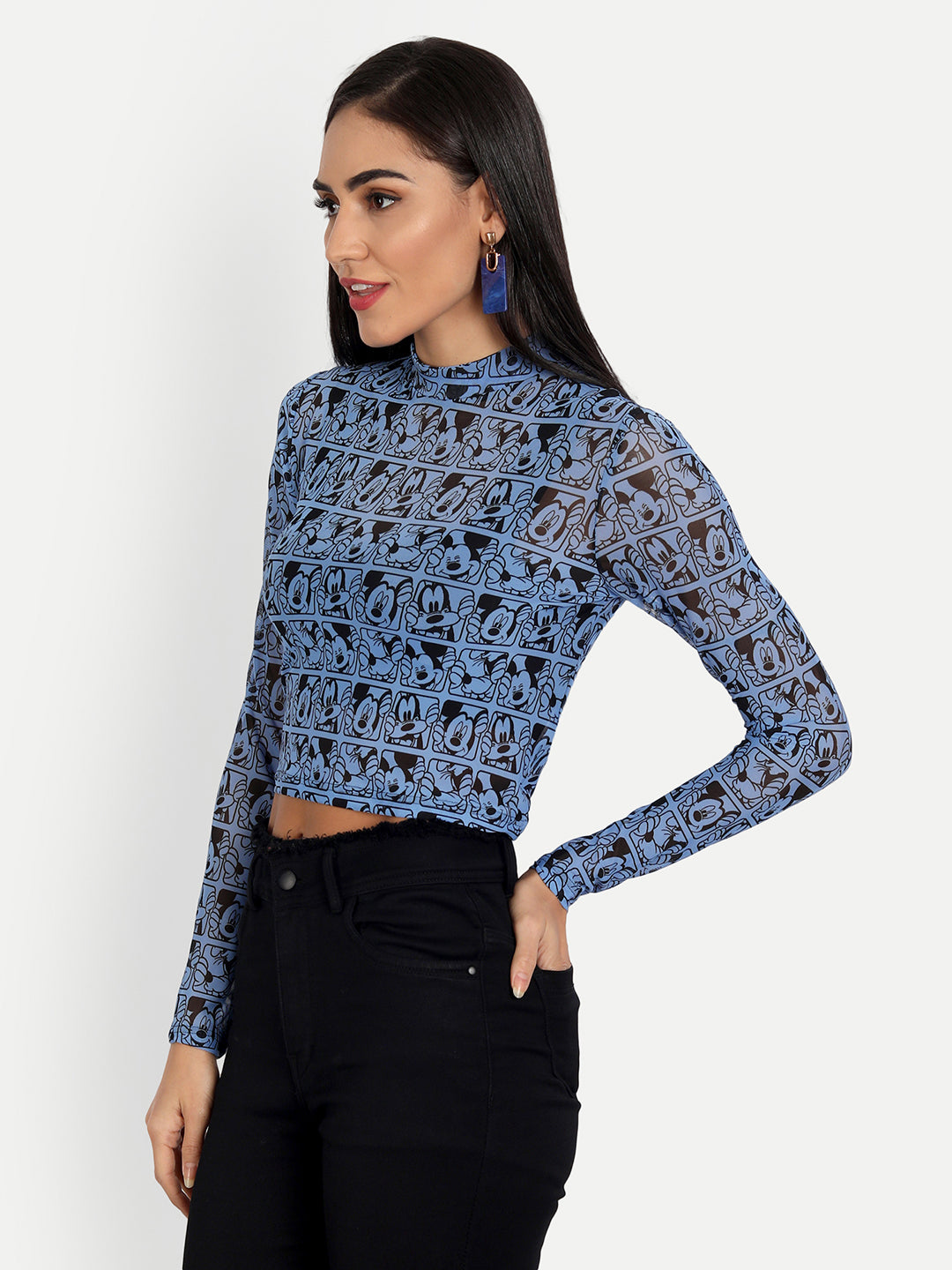 Essque  Blue Mickey Print Lycra Turtle Neck Full Sleeves Top - Essque Attire With Attitude