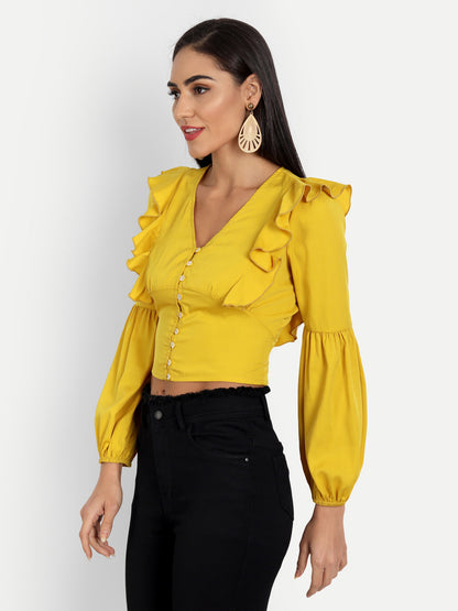 Essque Mustard Front Button V-Neck Ruffle Top - Essque Attire With Attitude