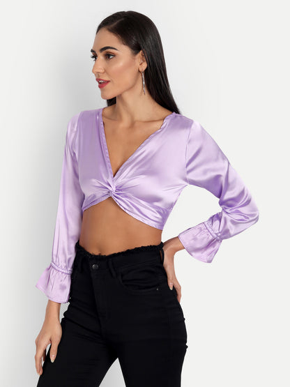 Essque Women Lavender Satin Solid Front Twist Top - Essque Attire With Attitude