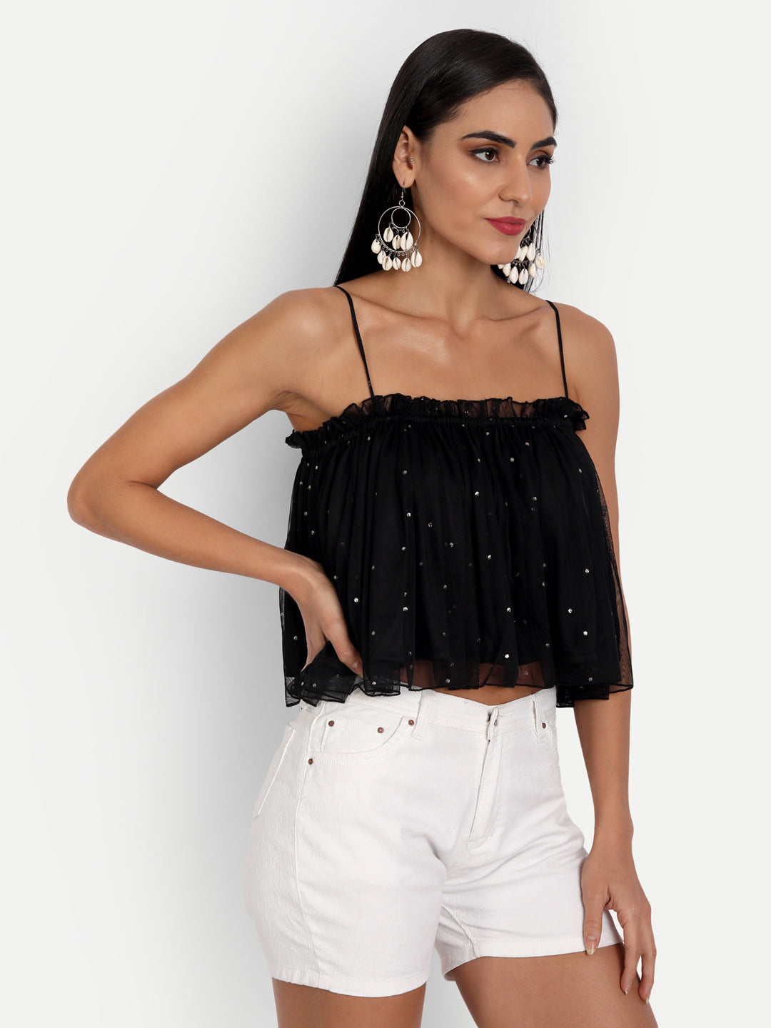 Essque Black Mesh Foil Print Gathered Top - Essque Attire With Attitude